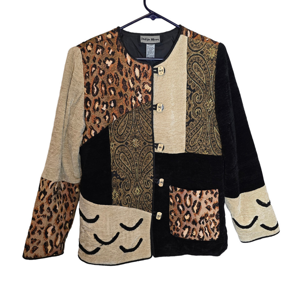 Indigo Moon Small Art-to-Wear Patchwork Animal Print Coat Jacket Funky